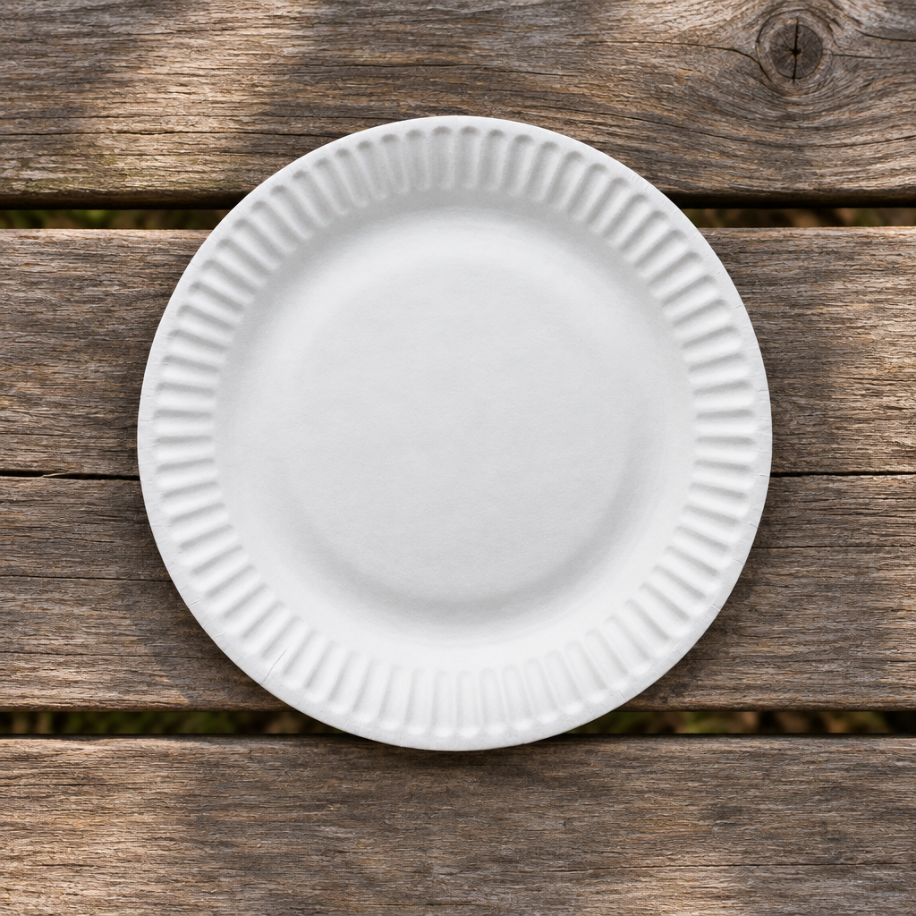 Hvid paptallerken på udendørs picnicbord