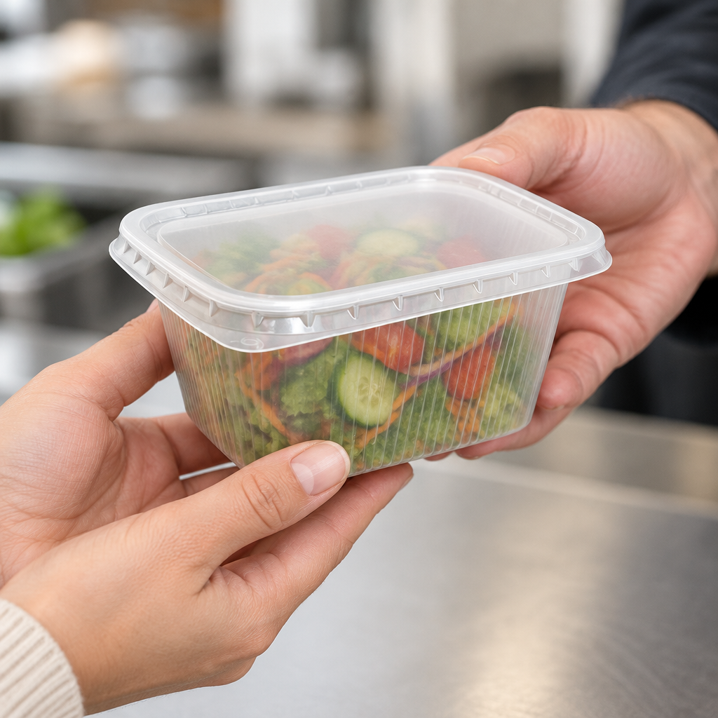 Brugssituation: et separat salatbæger med klart låg overrækkes mellem to personer