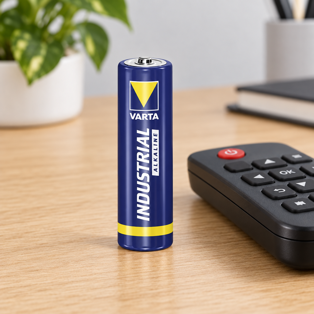 Varta Industrial alkaline AA-batteri på lyst kontorbord ved fjernbetjening