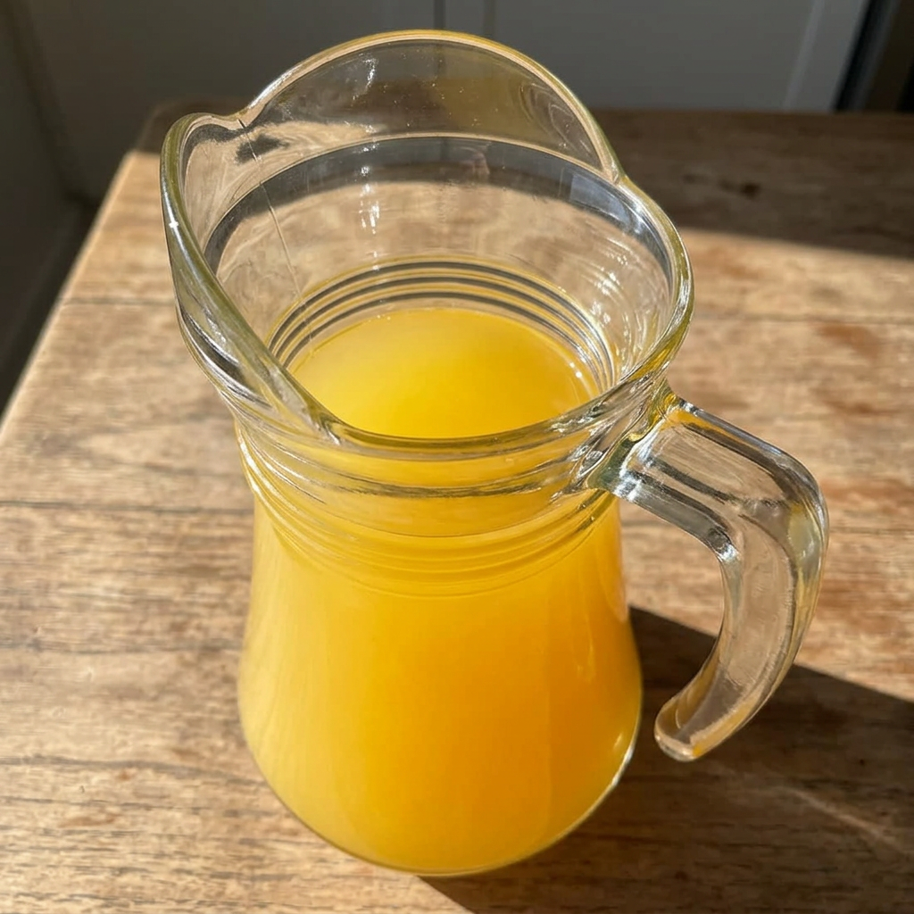 Glaskande med juice på sollyst køkkenbord; drikkevarer følger ikke med