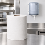 Reflex-papirrulle i forgrunden med Tork-dispenser 2110 på væggen i baggrunden