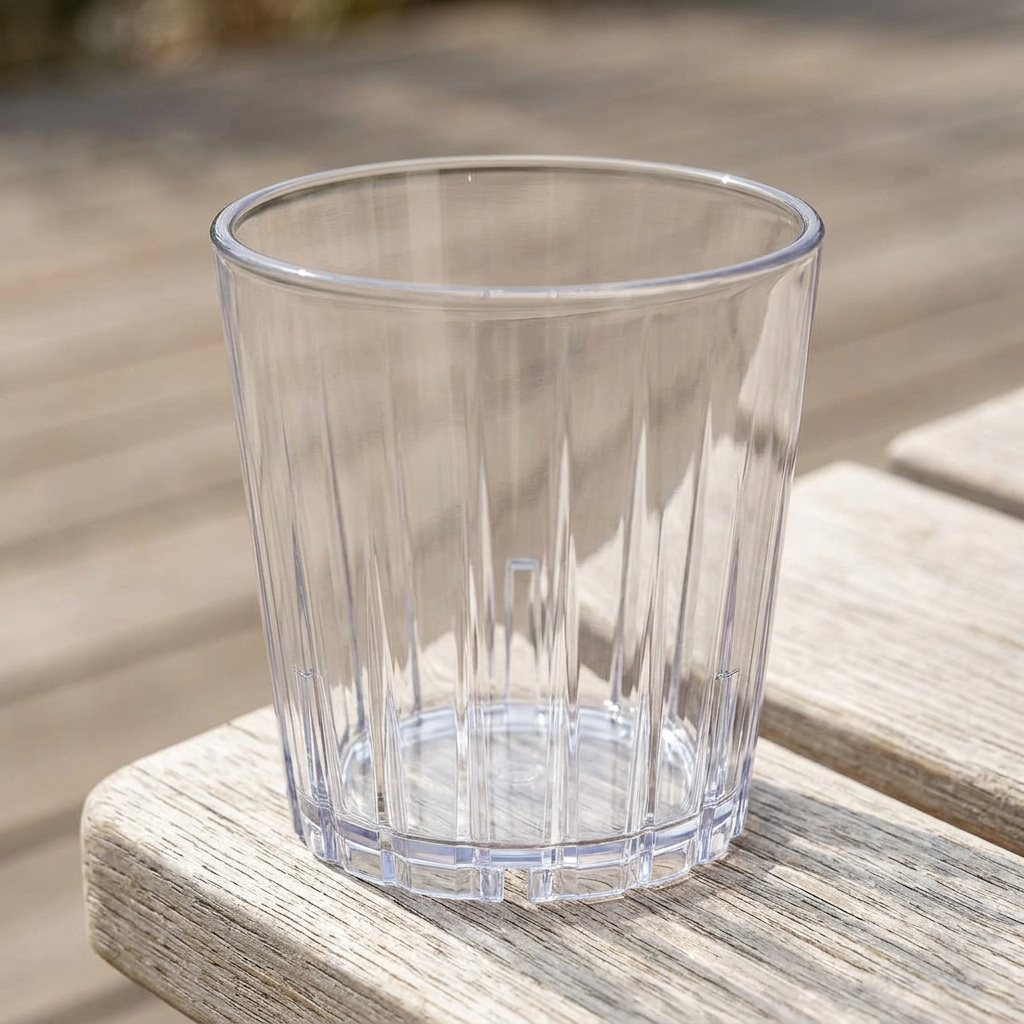 Tomt klart polyglas på en lys træbænk på en solrig terrasse