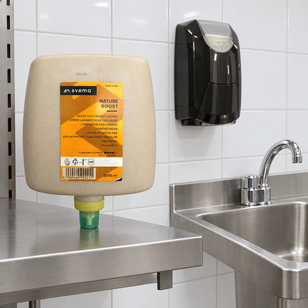 Svema Nature Boost-refill ved vaskestation med sort Everest