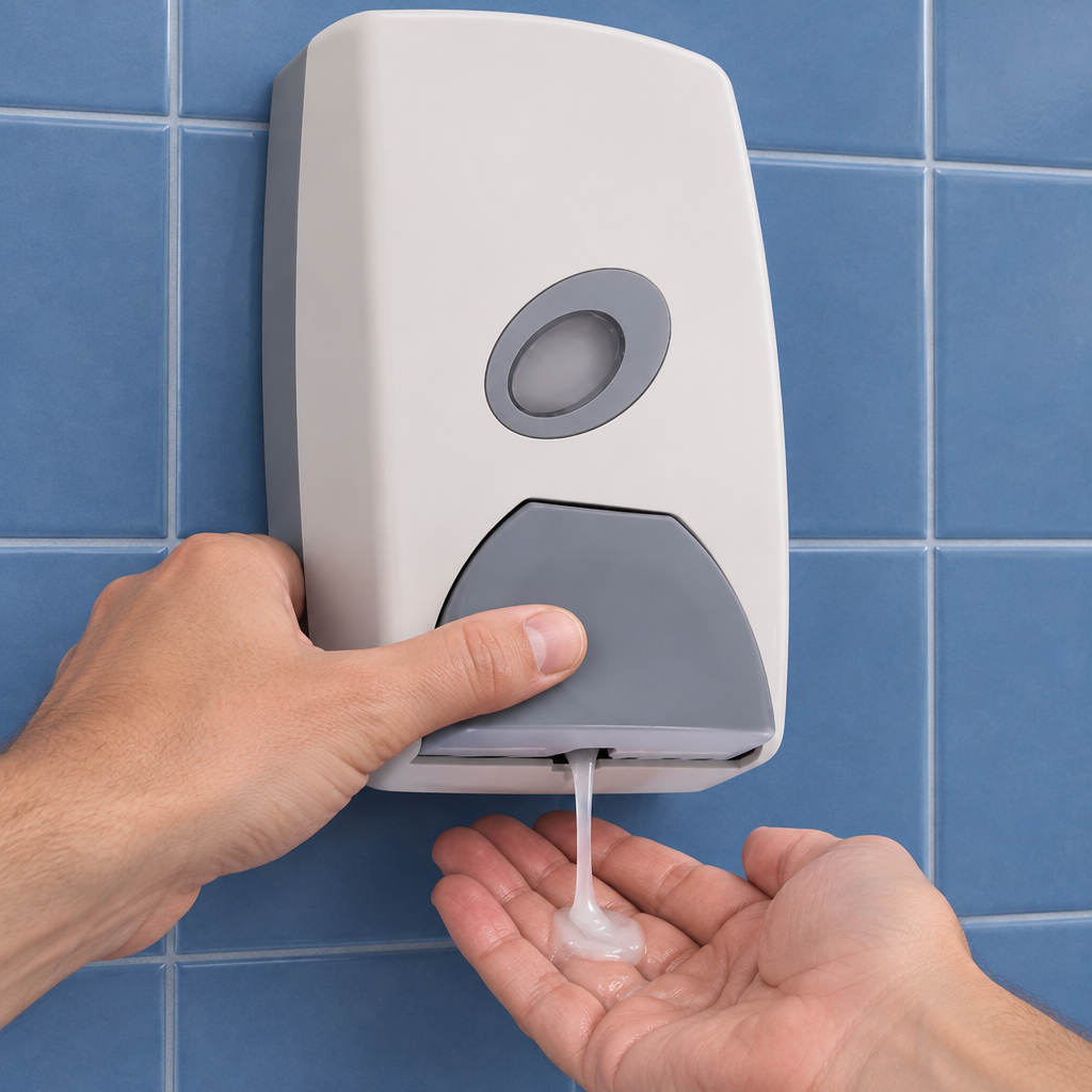 Manuel udlevering af sæbe fra hvid dispenser ved blå fliser