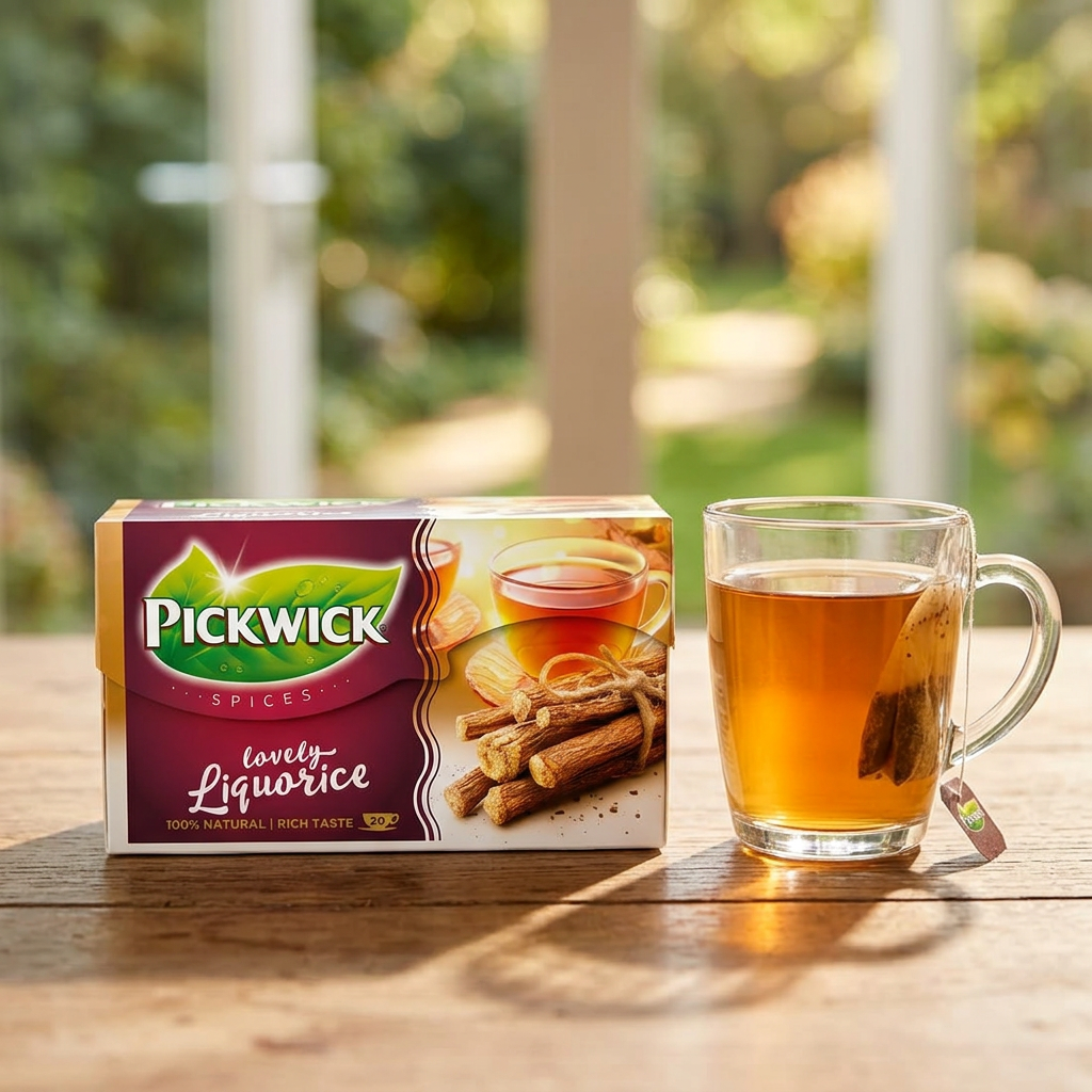 Pickwick Lakrids ved en glaskop med te foran havevinduet