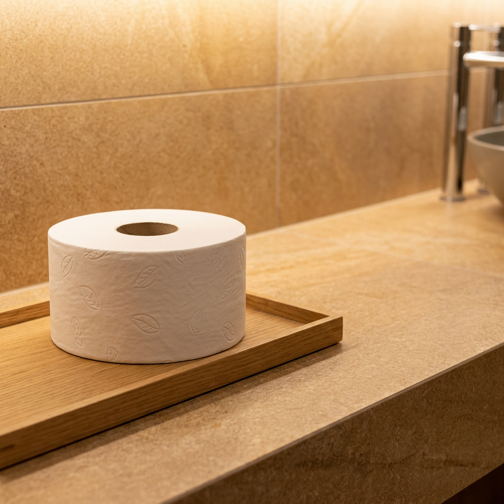 Hvid Tork Mini Jumbo-toiletrulle på træbakke i varmt belyst toiletmiljø
