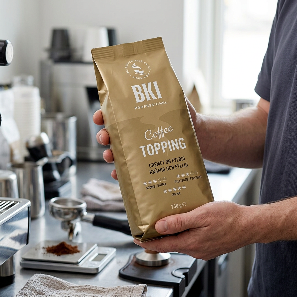 Voksen holder en pose BKI Coffee Topping ved kaffestationen, stemningsbillede