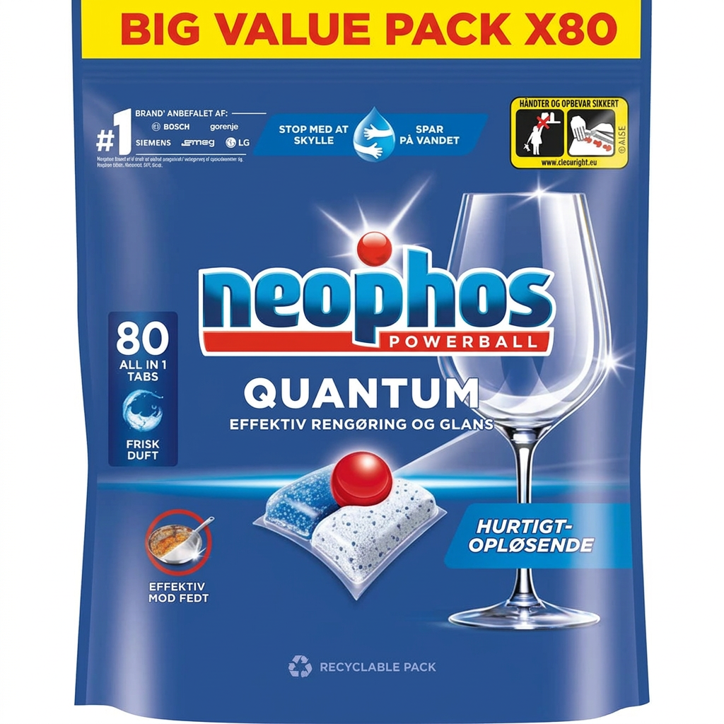 Neophos Quantum All in 1 Powerball, pose med 80 opvasketabs på hvid baggrund