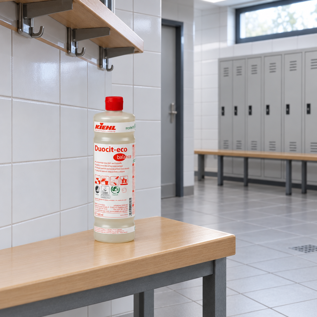 Kiehl Duocit-eco Balance 1 L på bænk i flisebeklædt omklædningsrum