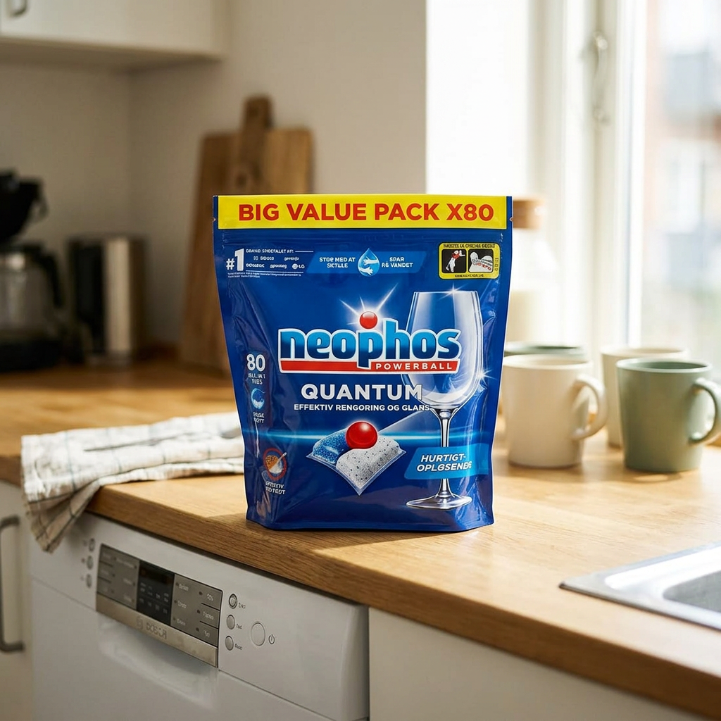 Neophos Quantum 80 tabs ved opvaskemaskine og krus i lyst køkken