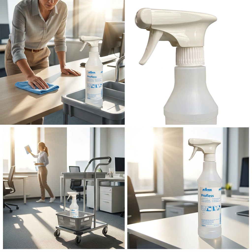 Kollage med Profless sprayflaske og rengøring af kontor, stemningsbillede