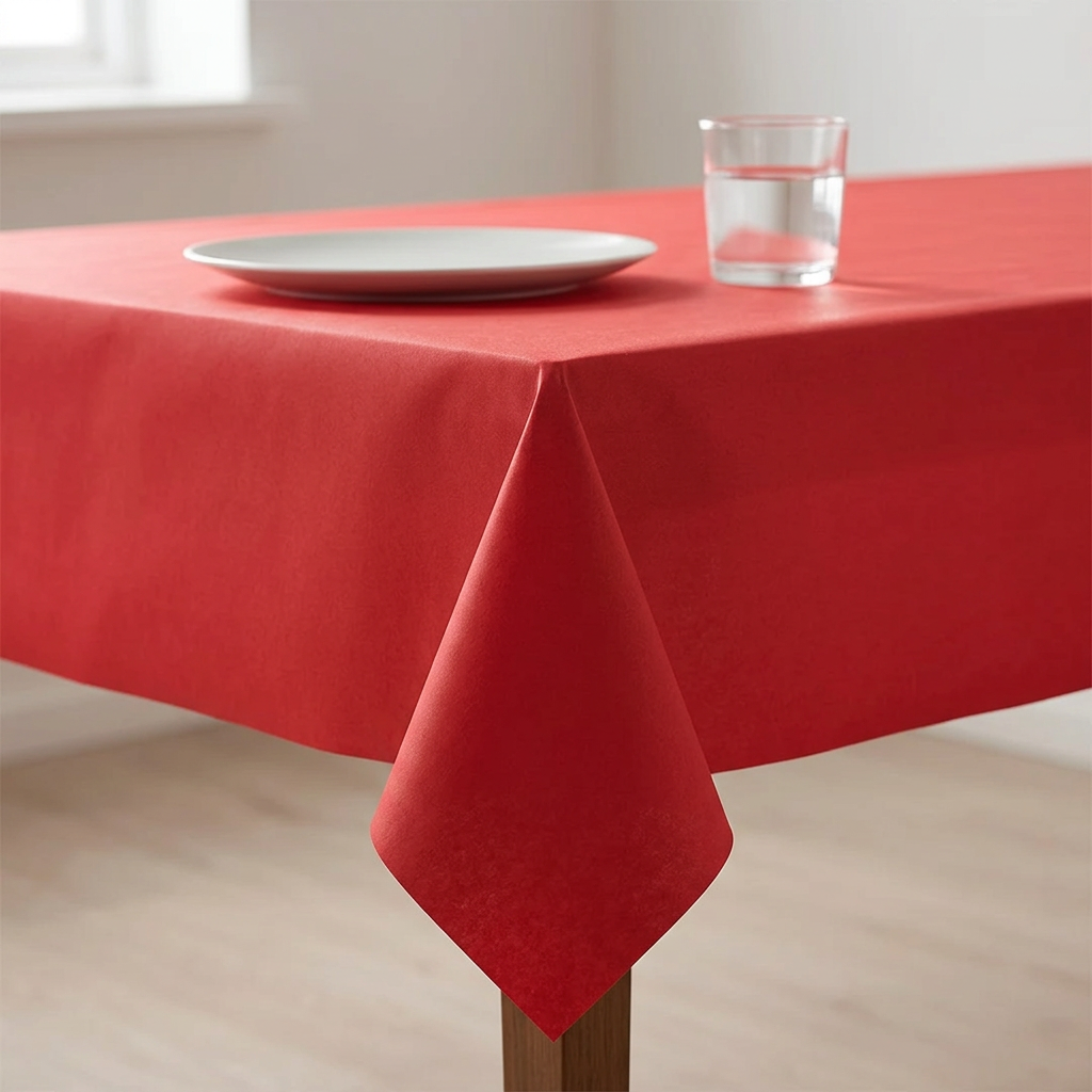 Detalje af rød airlaid-dug ved bordkant med glas og tallerken
