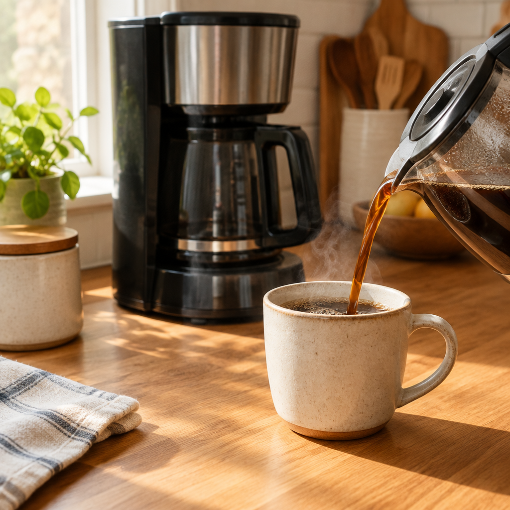 Stemningsbillede af kaffebrygning ved køkkenbord, ikke produktfoto af udløbsrør