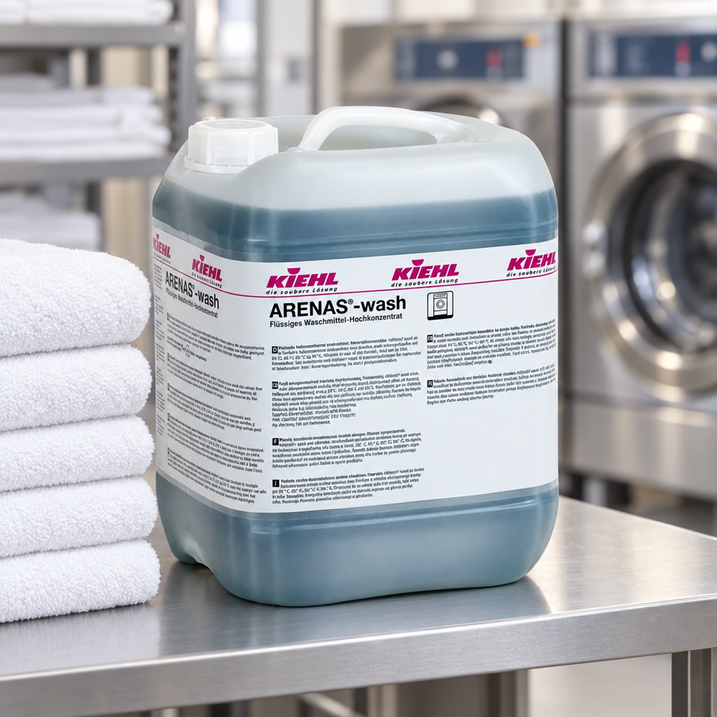 Kiehl Arenas Wash 20 L ved hvide håndklæder i et hotelvaskeri