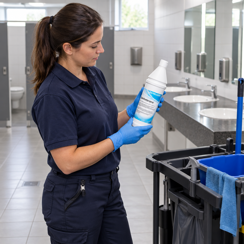 Medarbejder kontrollerer Sanisal-flaske i professionelt toiletrum