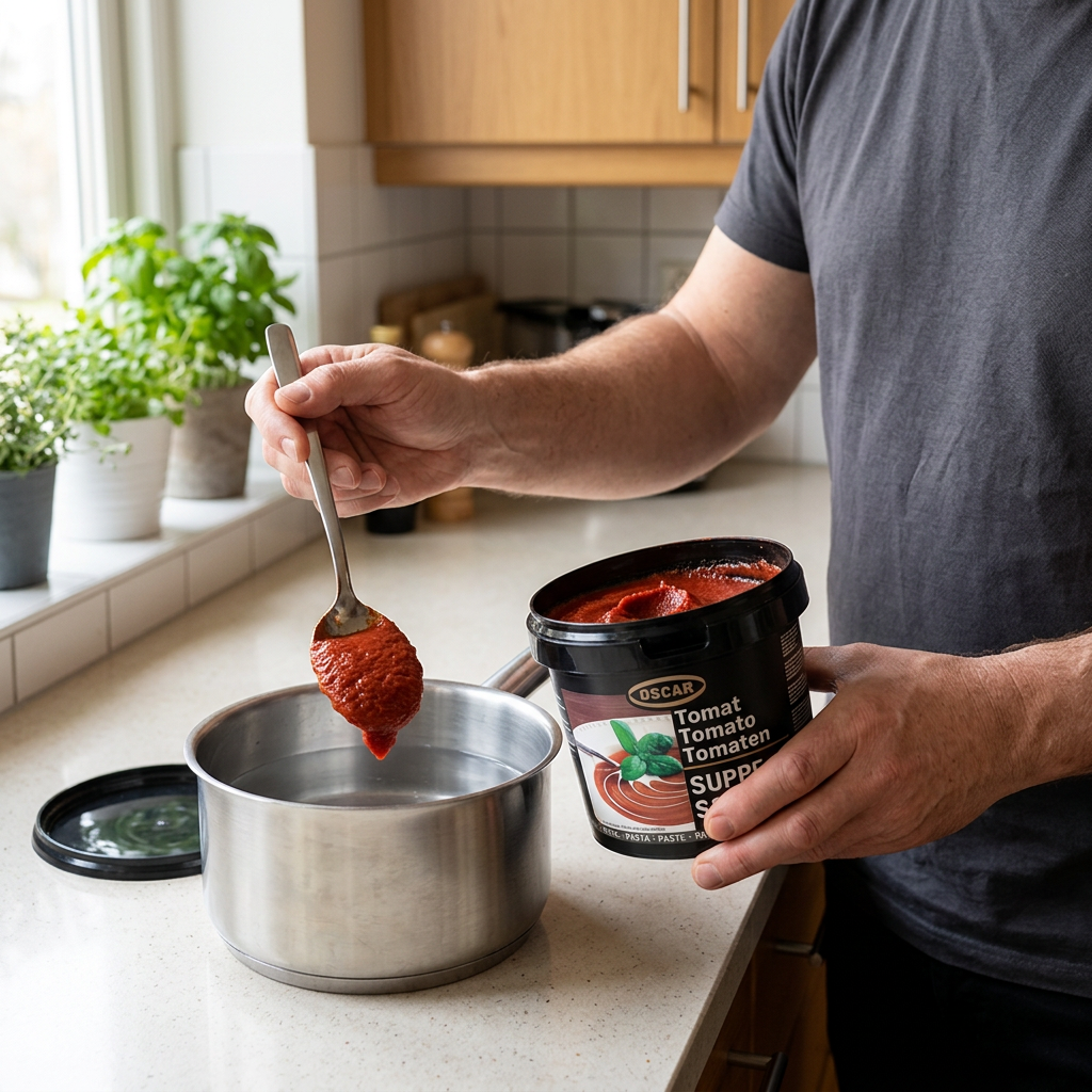 OSCAR tomatsuppepasta tilsættes vand i en gryde