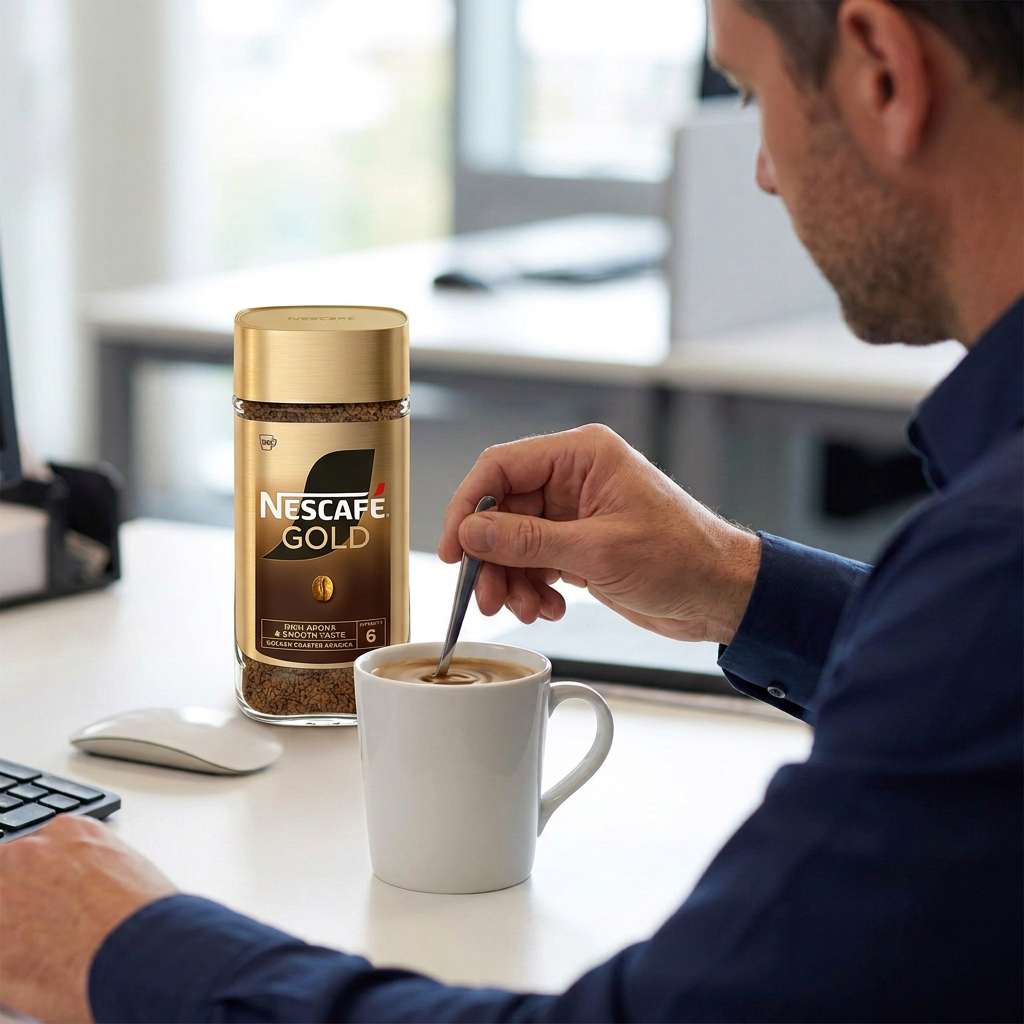 Kaffetilberedning set over skulderen med Nescafé Gold 200 g ved koppen; service er ikke inkluderet