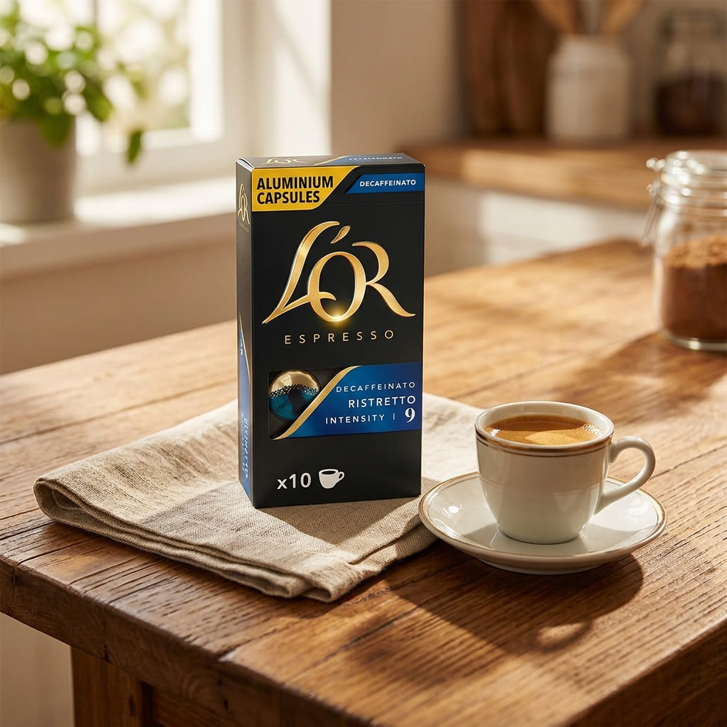 L’OR Ristretto Decaf 9 ved kaffekop i sollyst køkken