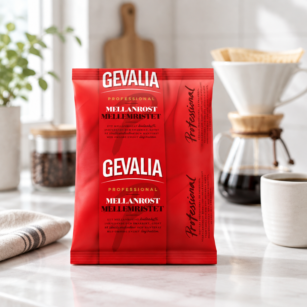 Gevalia Kaffe 500 g på køkkenbord med kaffefilter
