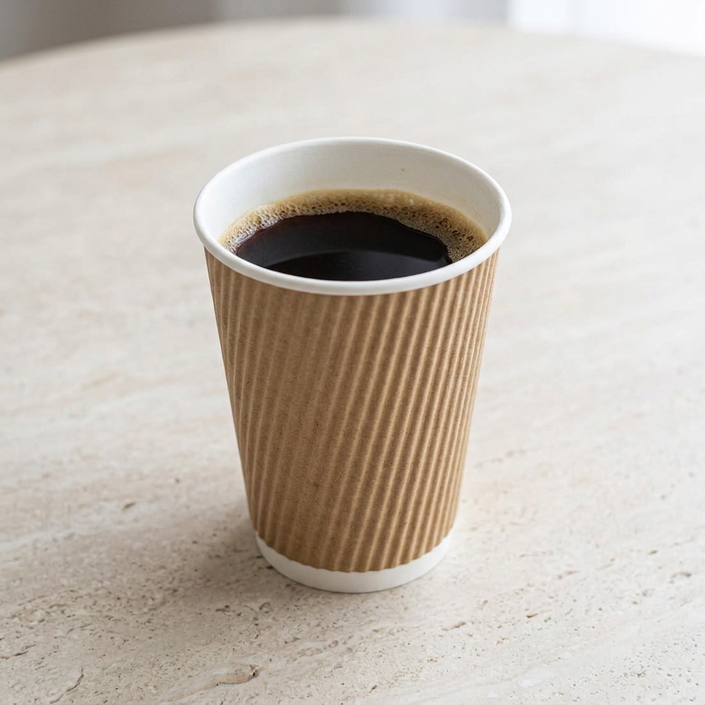 Brunt Ripple-Wrap kaffebæger 36 cl med kaffe på lys stenbordplade