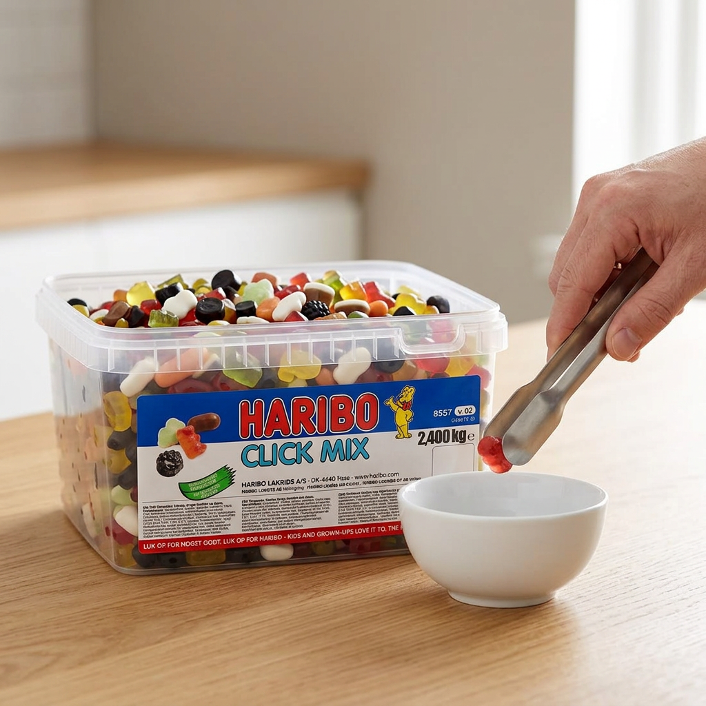Haribo Click Mix fordeles med tang i en serveringsskål