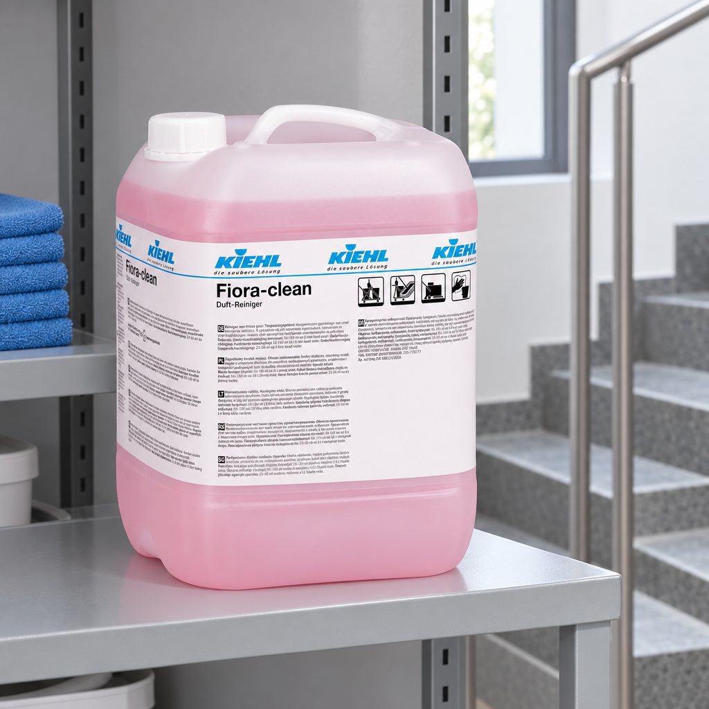 Stemningsillustration af Kiehl Fiora-Clean 10-liters dunk på rengøringshylde ved trappeområde