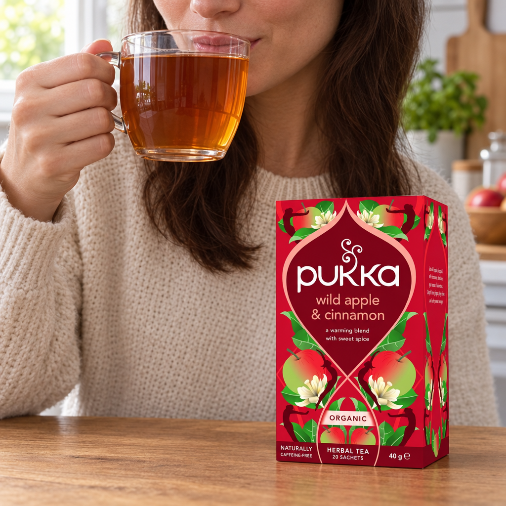 Voksen drikker urtete af et glaskrus ved siden af Pukka Wild Apple & Cinnamon
