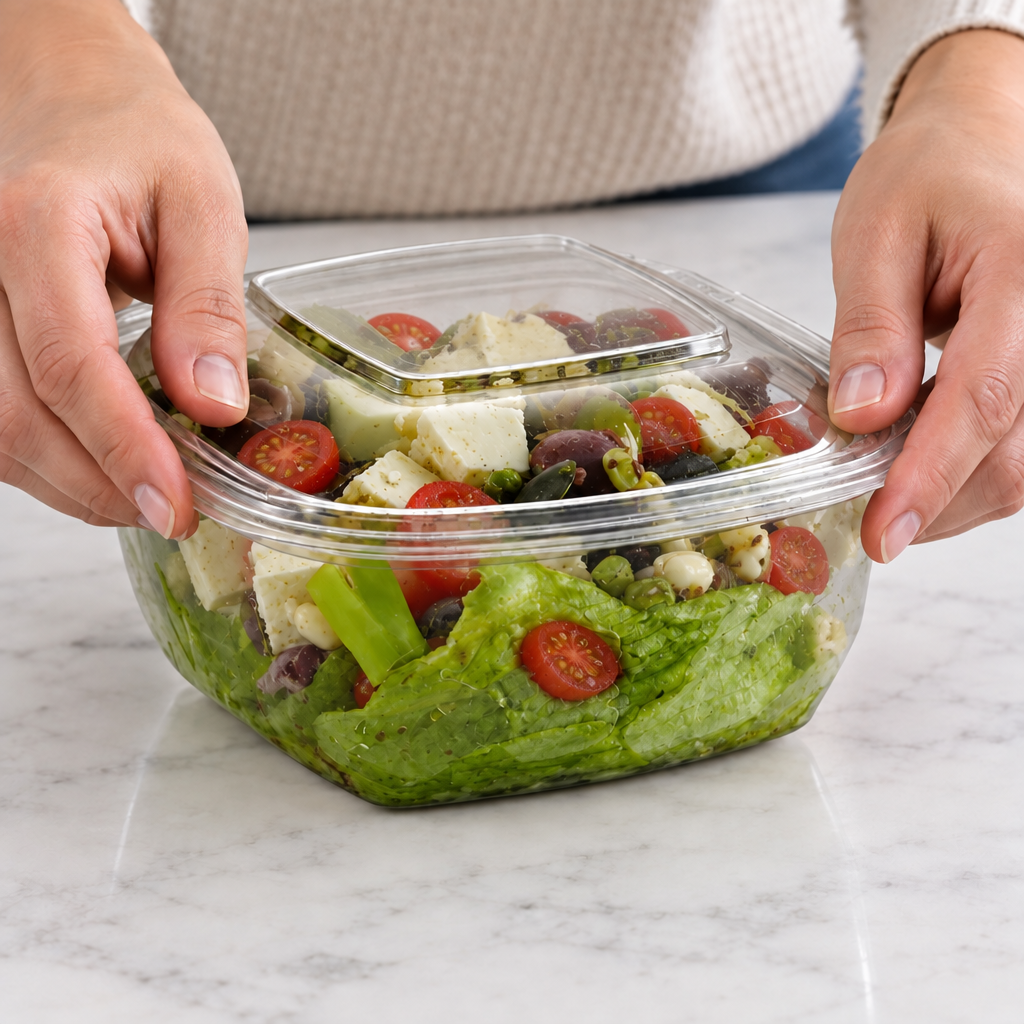 Brugssituation: låget trykkes på en klar salatbakke med salat og tomater
