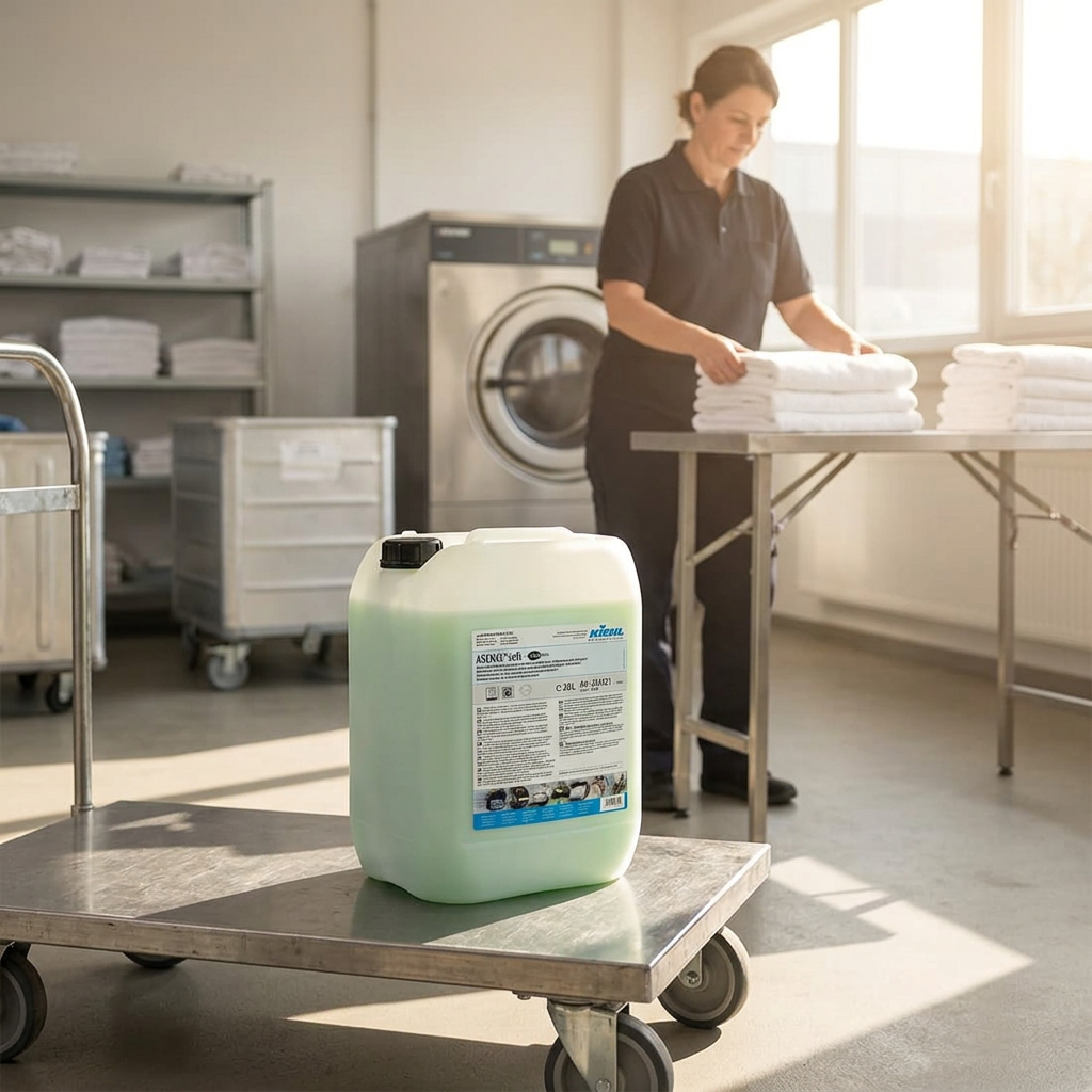Lukket dunk Kiehl Arenas Soft Balance 20 L på vogn mens medarbejder folder håndklæder, stemningsbillede