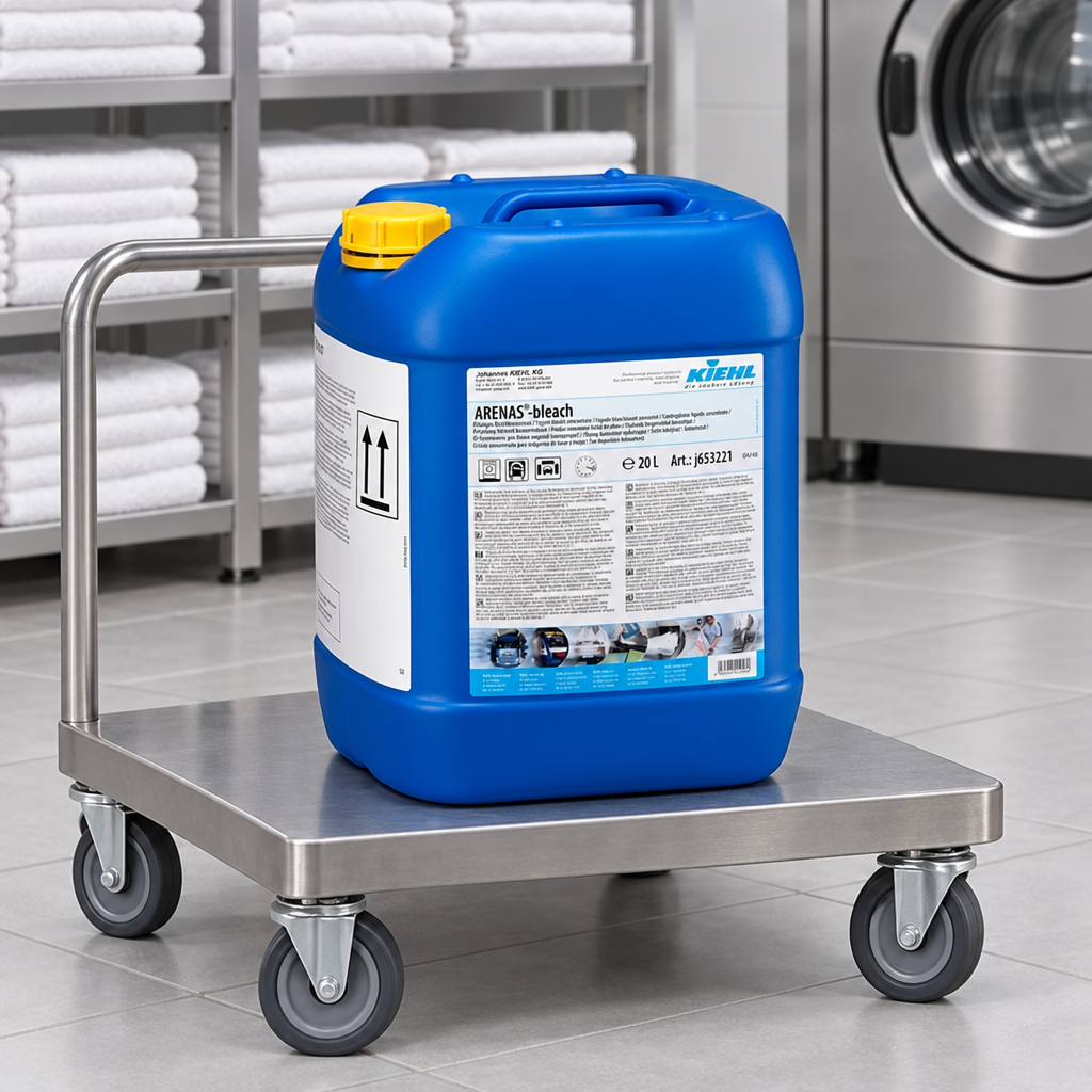 Kiehl Arenas Bleach 20 L på vogn ved hvidt linned