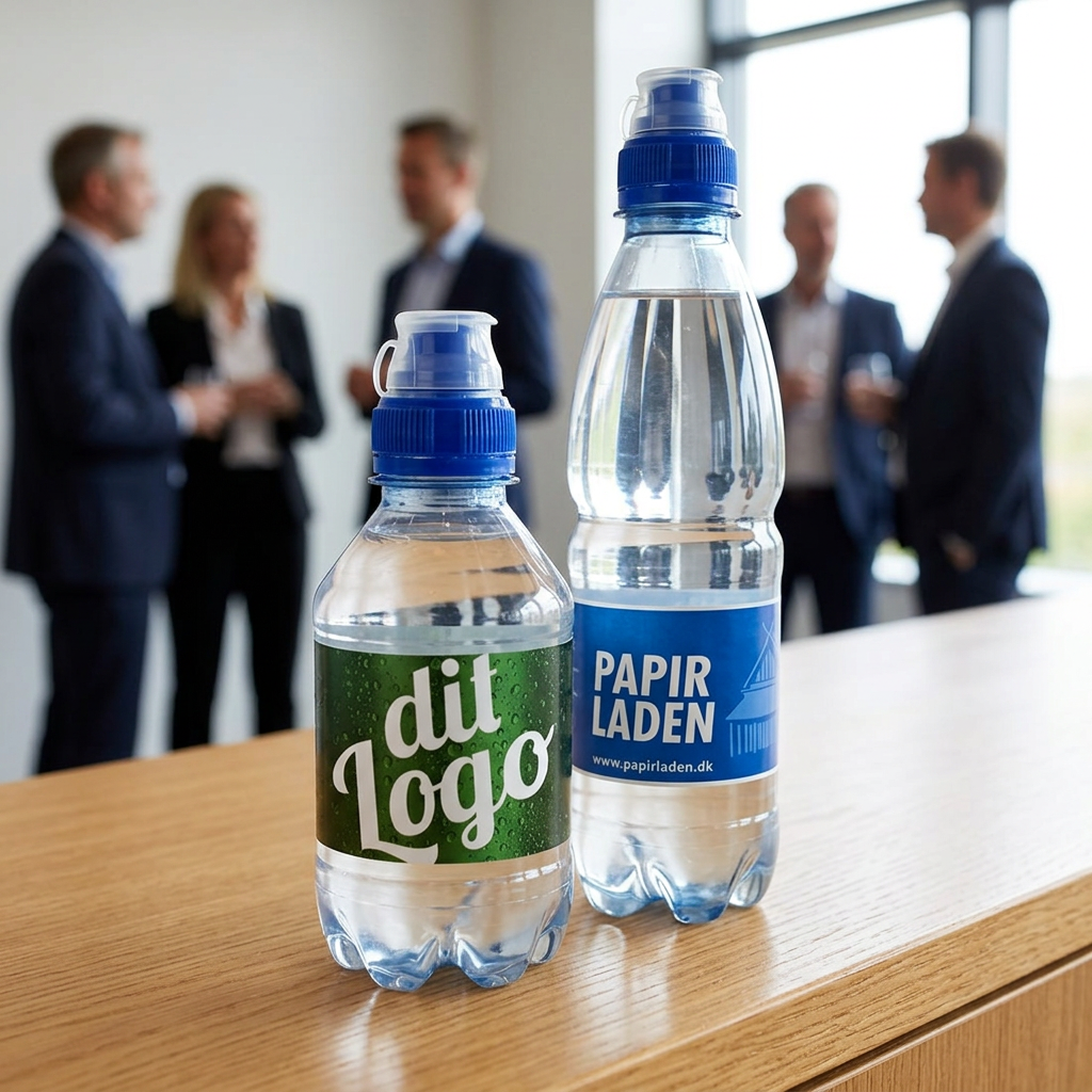 Begge logovandsstørrelser med blå sportscap på velkomstbordet