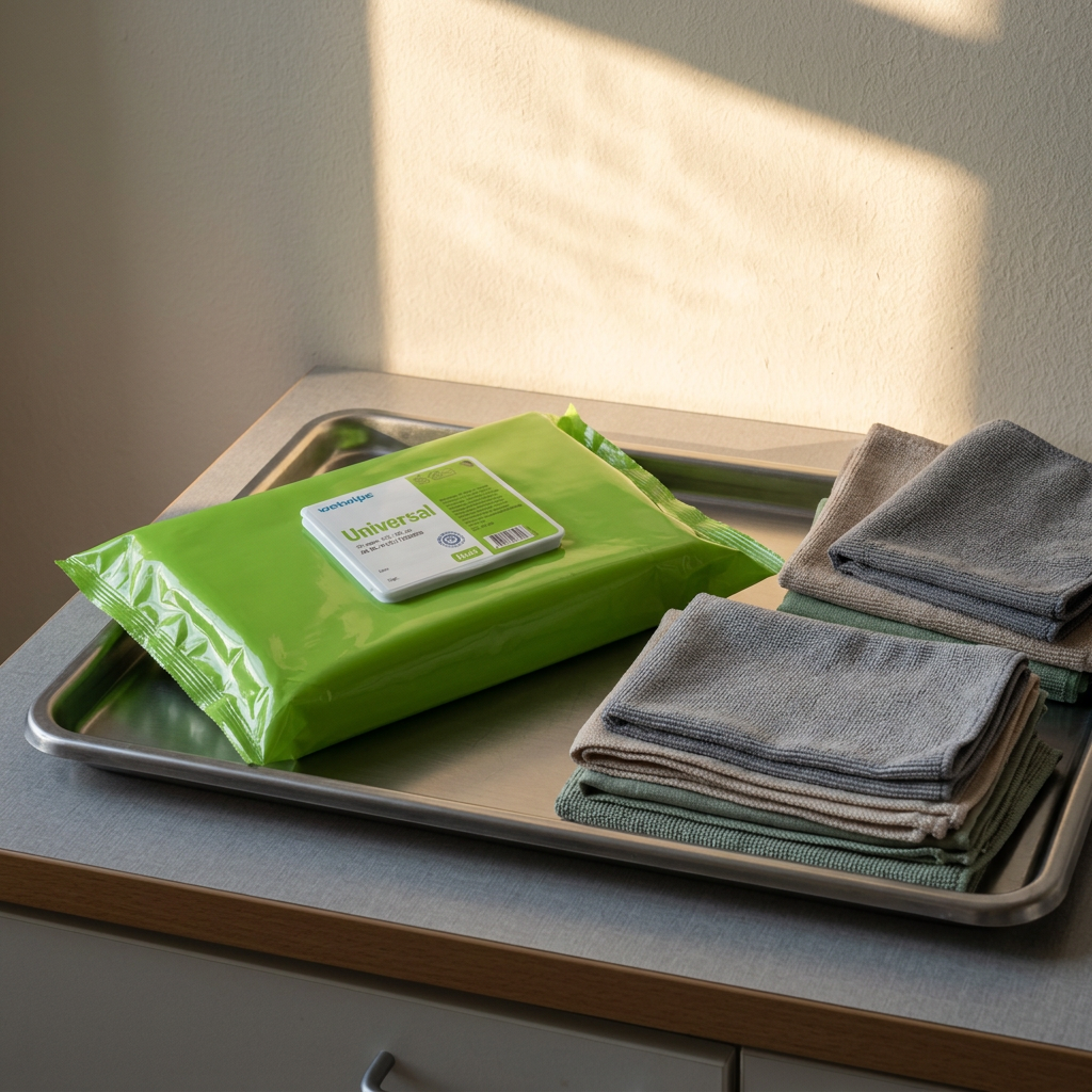 Miljøbillede: Wet Wipe Universal Maxi og foldede klude på bakke i klargøringsrum med solskin