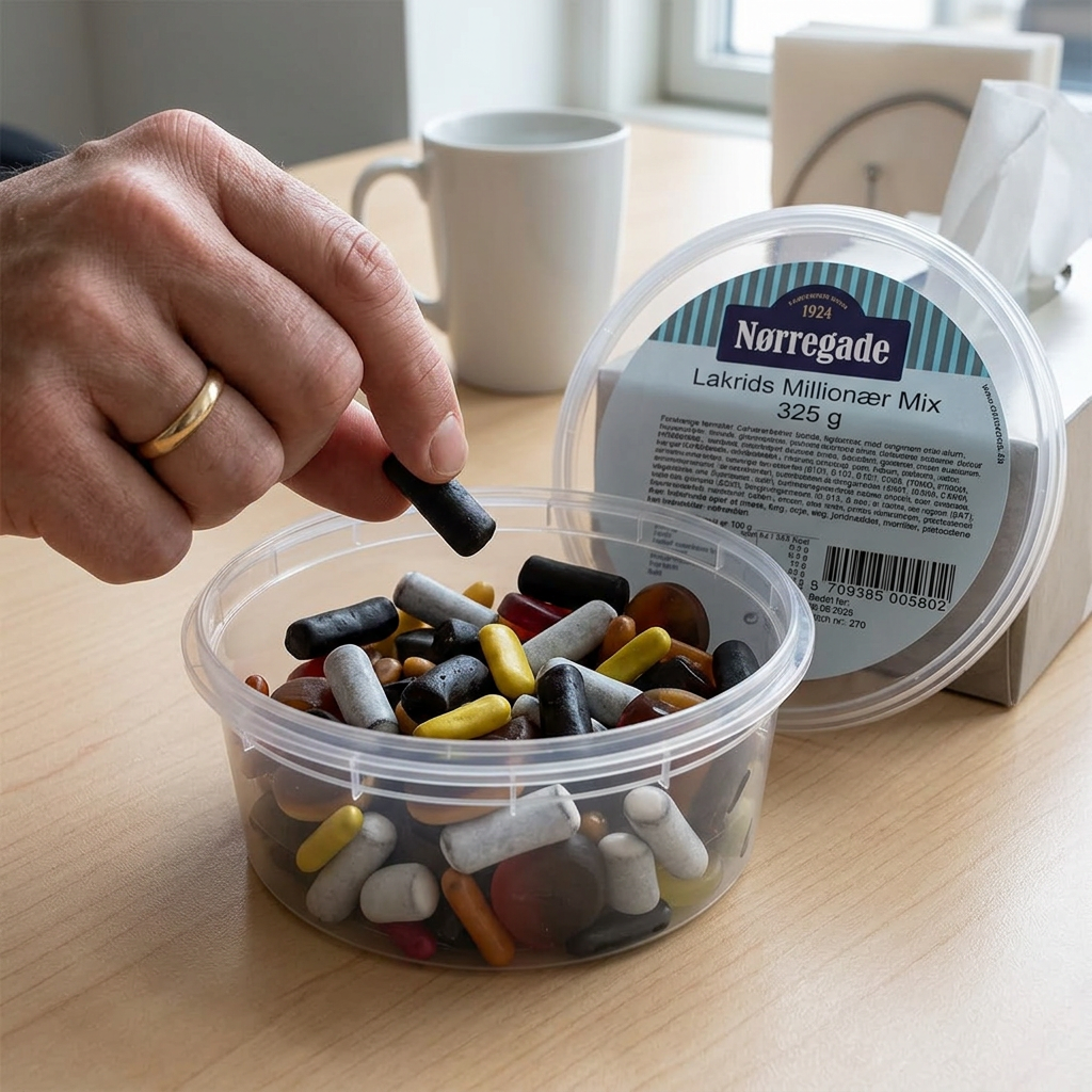 En lakrids tages fra den åbne Nørregade Millionær Mix-bøtte