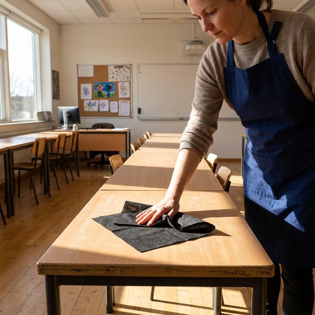 Voksen rengør bord i solrigt klasseværelse med sort klud