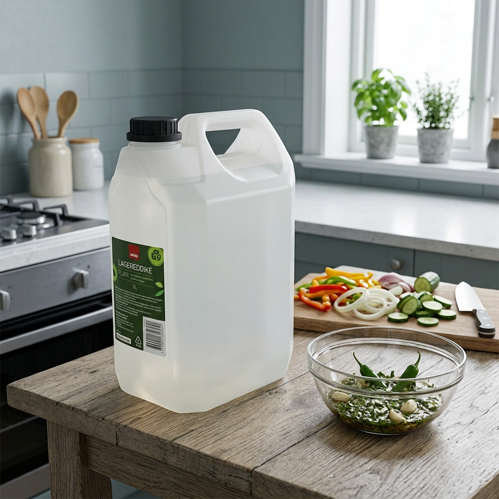 Klar lagereddike 5 liter ved grøntsager og marinade på køkkenbordet