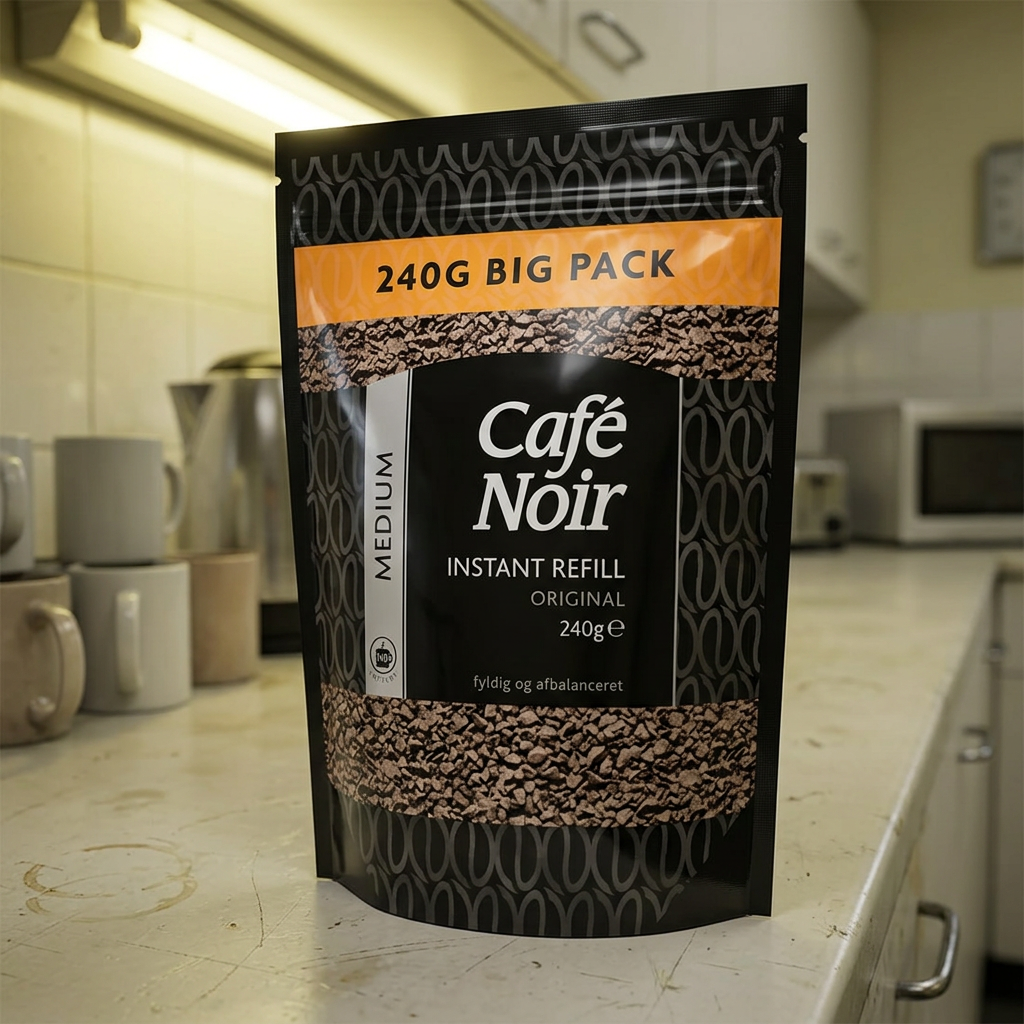 Café Noir instant kaffe 240 g på køkkenbord i pauserum