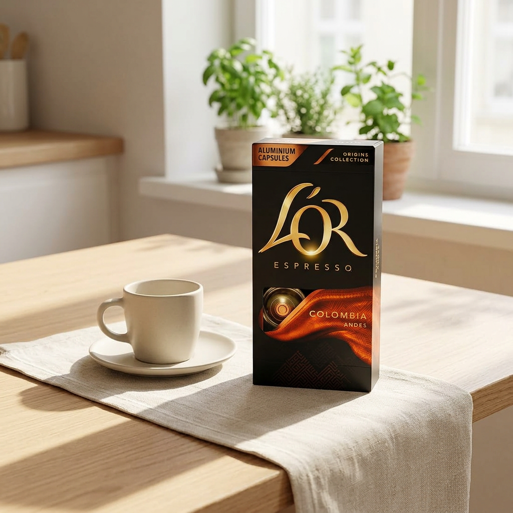 L’OR Colombia ved espressokop i sollyst køkken