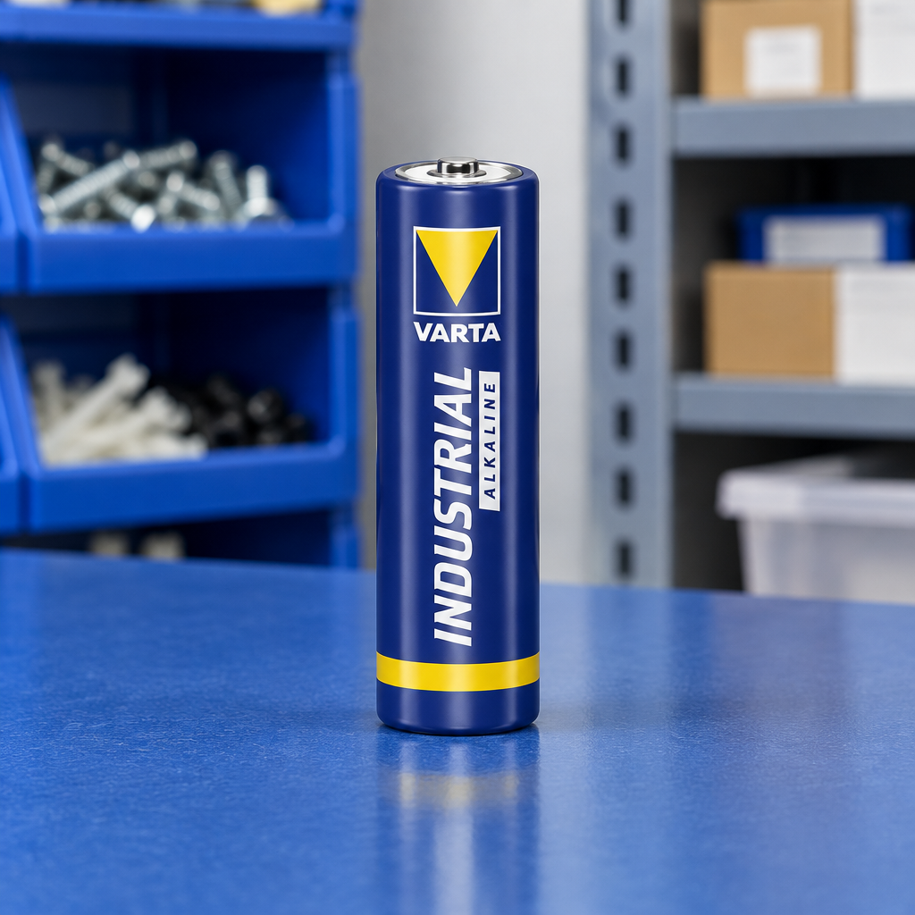 Varta Industrial AA-batteri på blå flade i lagerlokale