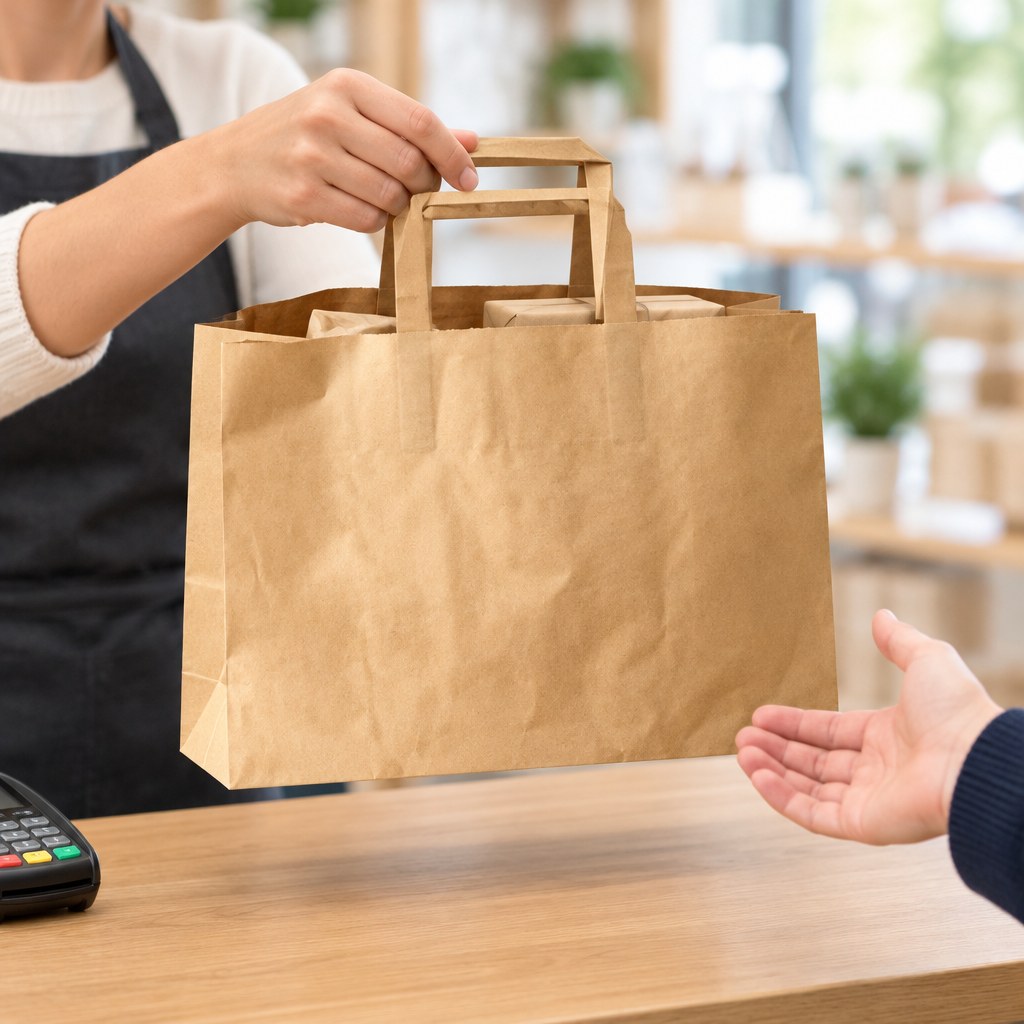 Udlevering af brun papirbærepose med varer ved butikskassen