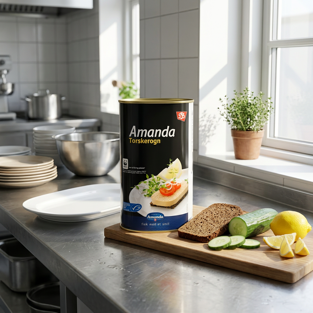 Amanda torskerogn ved rugbrød og grønt i sollyst cateringkøkken