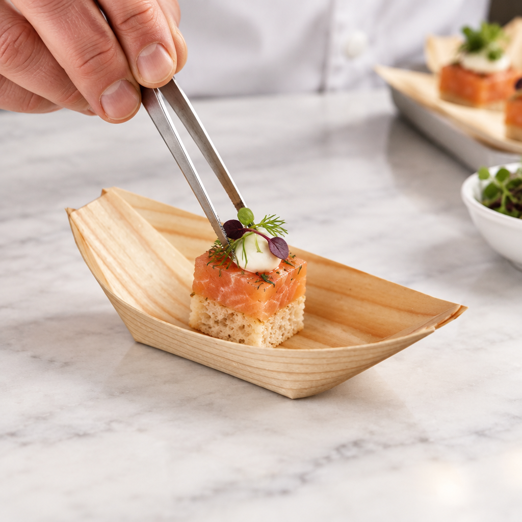 Canapé anrettes med pincet i en lille serveringsbåd af træ