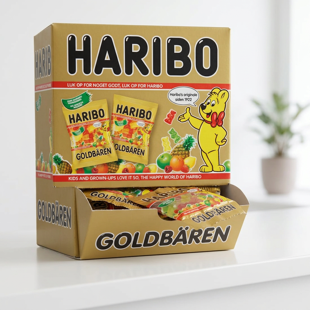 Displaykasse med Haribo Guldbamser på en lys receptionsdisk