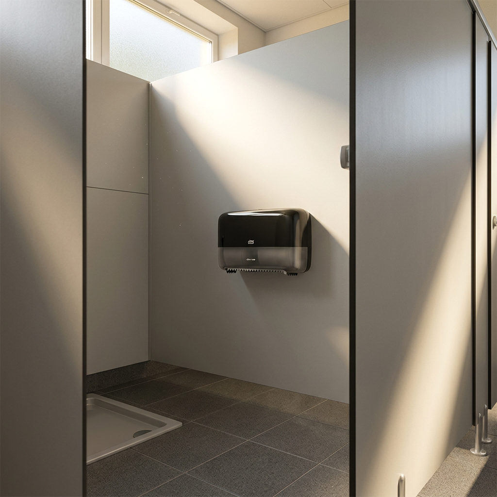 Tork T7 Twin-dispenser i sollyst toiletrum i sportsklub, miljøillustration.