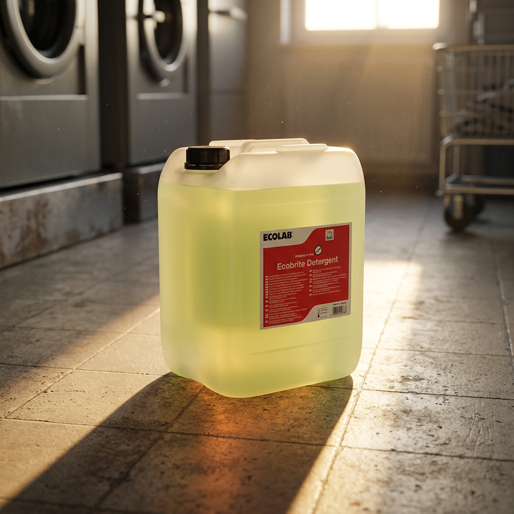 Lukket Ecobrite Detergent-dunk set fra siden med sollys og lang skygge, stemningsbillede