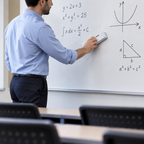 Voksen underviser bruger en hvid tavlevisker ved et whiteboard med beregninger