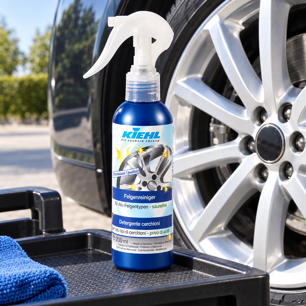 Kiehl WheelCleaner King 200 ml på servicevogn ved bilfælg