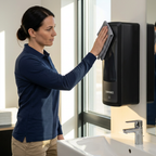 Medarbejder aftørrer sort Katrin Touchfree-dispenser