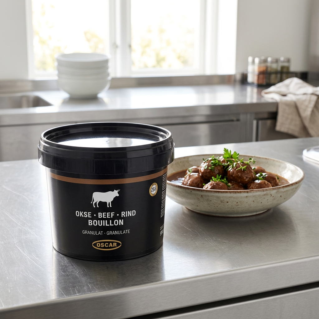 OSCAR oksebouillon ved kødboller med sauce på køkkenbordet