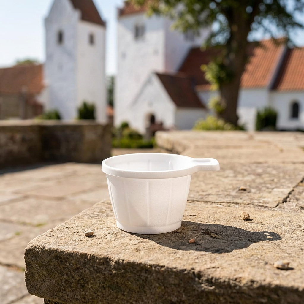 Hvid kaffekop med hank på solrig stenkant ved kirke