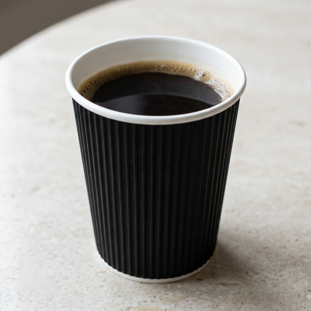 Sort Ripple Wall kaffebæger 30 cl med kaffe på lys stenbordplade set skråt ovenfra